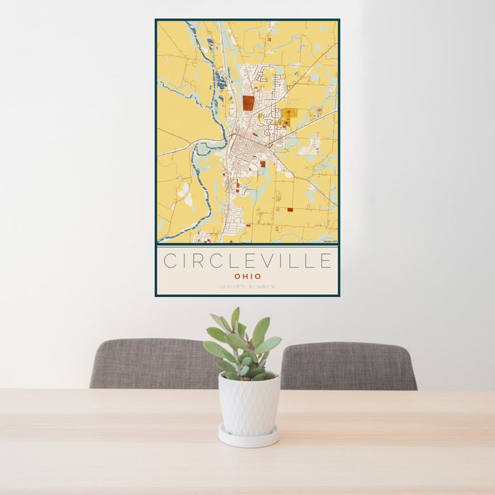 24x36 Circleville Ohio Map Print Portrait Orientation in Woodblock Style Behind 2 Chairs Table and Potted Plant