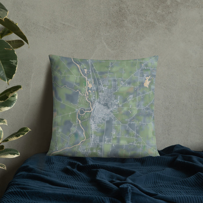 Custom Circleville Ohio Map Throw Pillow in Afternoon on Bedding Against Wall