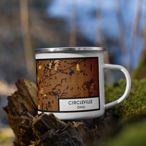Right View Custom Circleville Ohio Map Enamel Mug in Ember on Grass With Trees in Background
