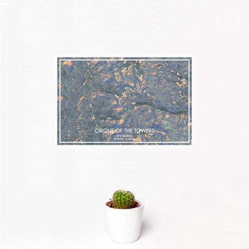 12x18 Cirque of the Towers Wyoming Map Print Landscape Orientation in Afternoon Style With Small Cactus Plant in White Planter