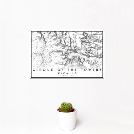 12x18 Cirque of the Towers Wyoming Map Print Landscape Orientation in Classic Style With Small Cactus Plant in White Planter