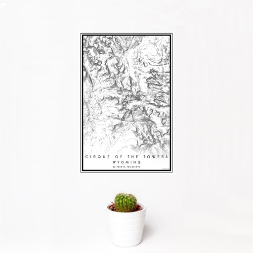 12x18 Cirque of the Towers Wyoming Map Print Portrait Orientation in Classic Style With Small Cactus Plant in White Planter