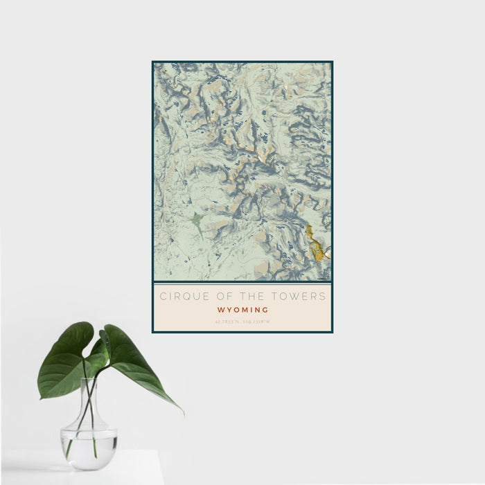 16x24 Cirque of the Towers Wyoming Map Print Portrait Orientation in Woodblock Style With Tropical Plant Leaves in Water