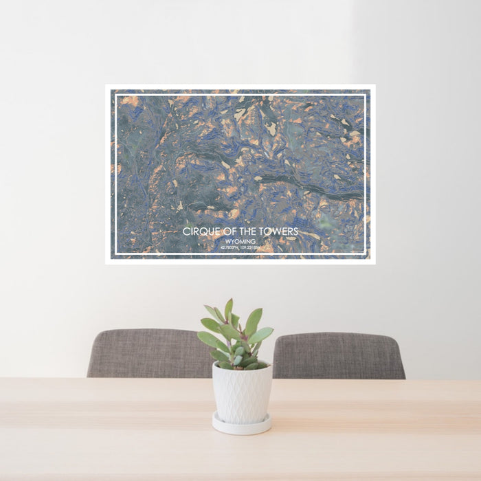 24x36 Cirque of the Towers Wyoming Map Print Lanscape Orientation in Afternoon Style Behind 2 Chairs Table and Potted Plant