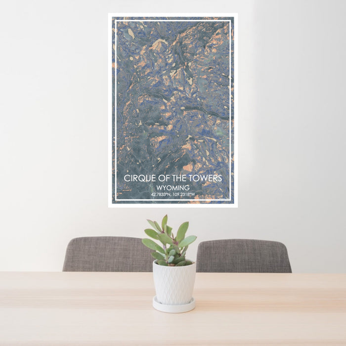 24x36 Cirque of the Towers Wyoming Map Print Portrait Orientation in Afternoon Style Behind 2 Chairs Table and Potted Plant