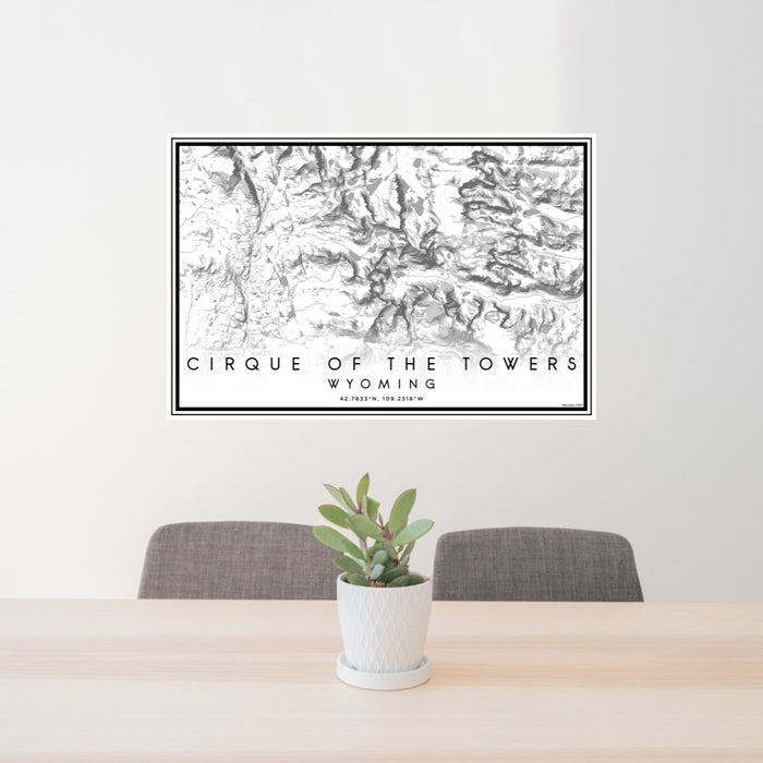 24x36 Cirque of the Towers Wyoming Map Print Lanscape Orientation in Classic Style Behind 2 Chairs Table and Potted Plant