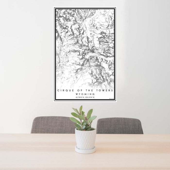 24x36 Cirque of the Towers Wyoming Map Print Portrait Orientation in Classic Style Behind 2 Chairs Table and Potted Plant