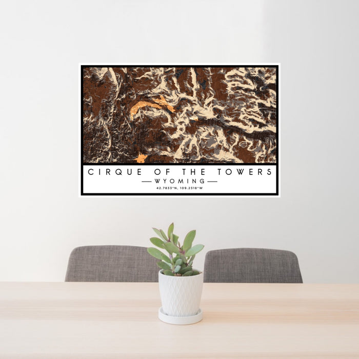24x36 Cirque of the Towers Wyoming Map Print Lanscape Orientation in Ember Style Behind 2 Chairs Table and Potted Plant