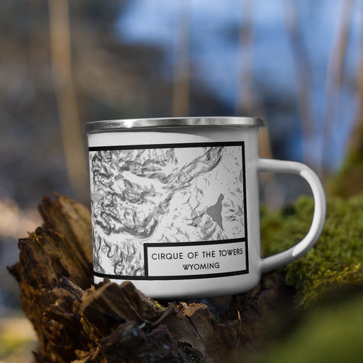 Right View Custom Cirque of the Towers Wyoming Map Enamel Mug in Classic on Grass With Trees in Background