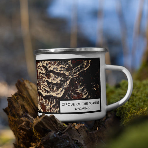 Right View Custom Cirque of the Towers Wyoming Map Enamel Mug in Ember on Grass With Trees in Background