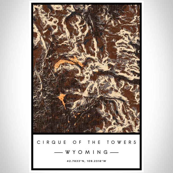 Cirque of the Towers Wyoming Map Print Portrait Orientation in Ember Style With Shaded Background