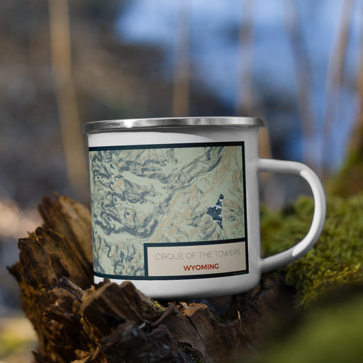 Right View Custom Cirque of the Towers Wyoming Map Enamel Mug in Woodblock on Grass With Trees in Background