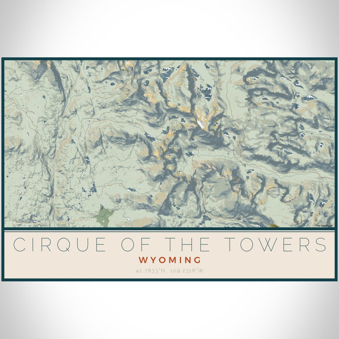 Cirque of the Towers Wyoming Map Print Landscape Orientation in Woodblock Style With Shaded Background