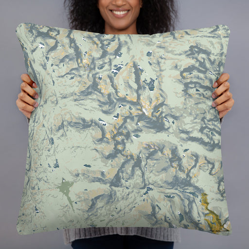 Person holding 22x22 Custom Cirque of the Towers Wyoming Map Throw Pillow in Woodblock