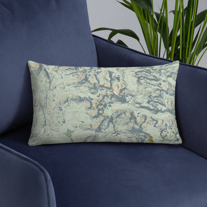 Custom Cirque of the Towers Wyoming Map Throw Pillow in Woodblock on Blue Colored Chair