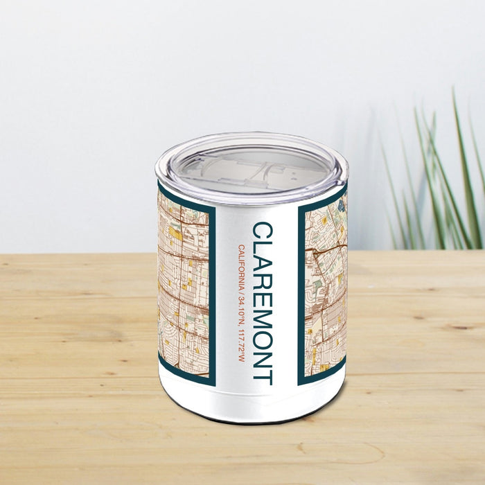 Claremont California Custom City Map Inscription Coordinates on 10oz Stainless Steel Insulated Cup in Woodblock with Sliding Lid