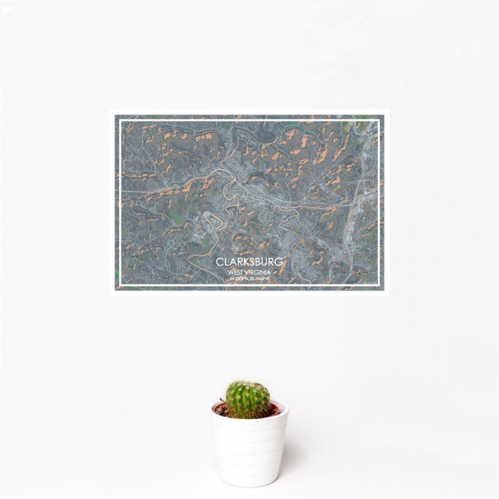 12x18 Clarksburg West Virginia Map Print Landscape Orientation in Afternoon Style With Small Cactus Plant in White Planter