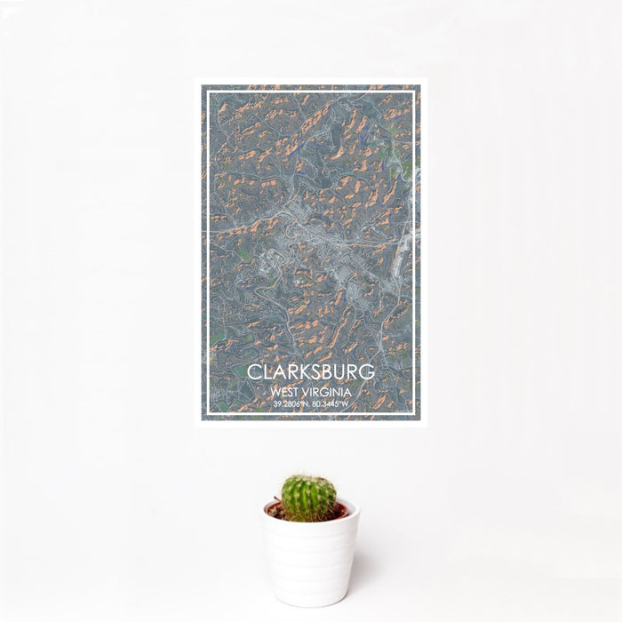 12x18 Clarksburg West Virginia Map Print Portrait Orientation in Afternoon Style With Small Cactus Plant in White Planter