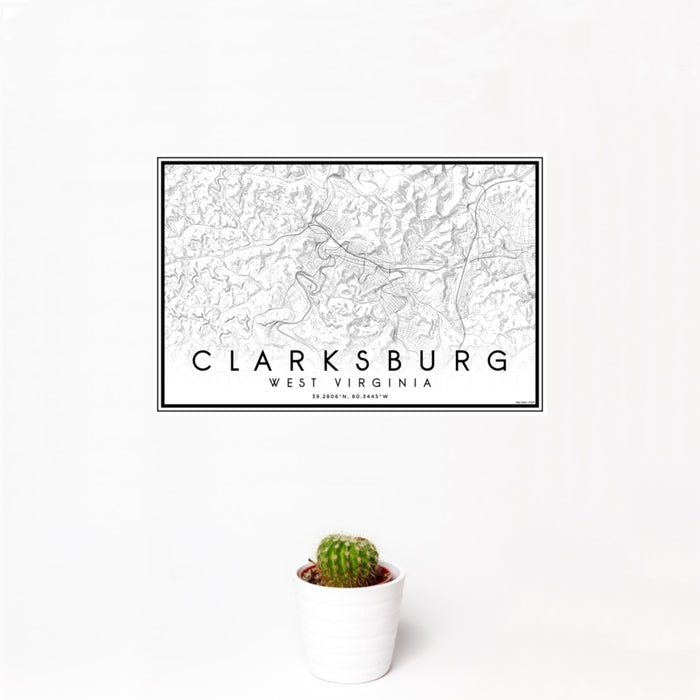 12x18 Clarksburg West Virginia Map Print Landscape Orientation in Classic Style With Small Cactus Plant in White Planter