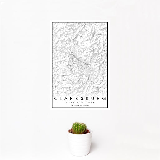 12x18 Clarksburg West Virginia Map Print Portrait Orientation in Classic Style With Small Cactus Plant in White Planter