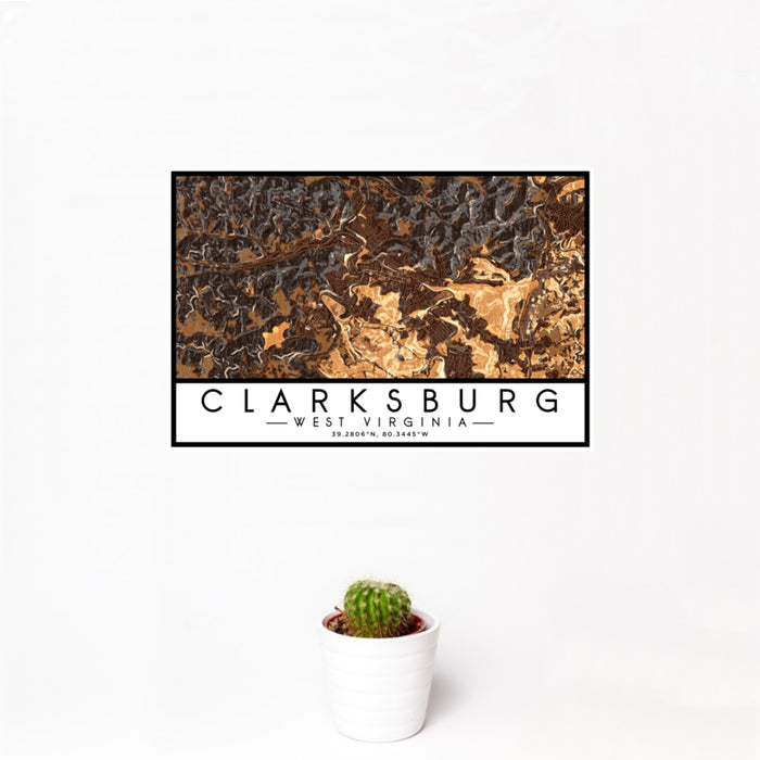 12x18 Clarksburg West Virginia Map Print Landscape Orientation in Ember Style With Small Cactus Plant in White Planter