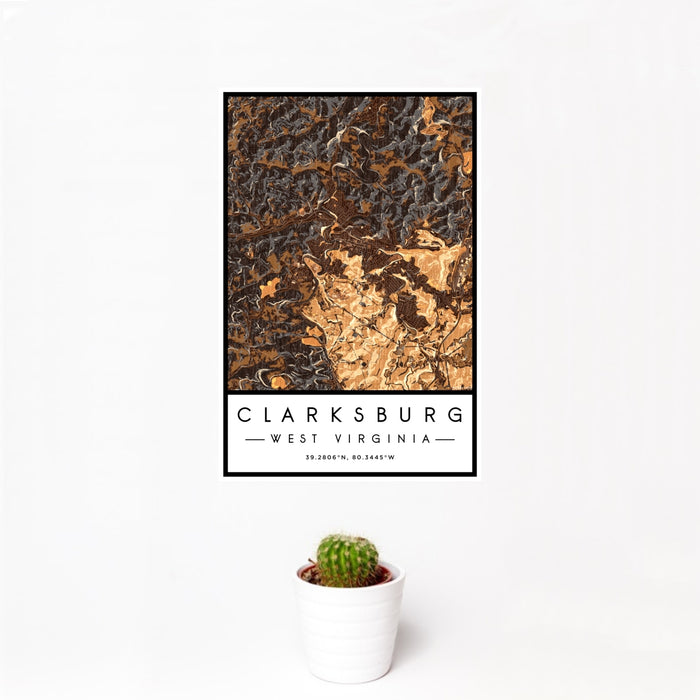 12x18 Clarksburg West Virginia Map Print Portrait Orientation in Ember Style With Small Cactus Plant in White Planter