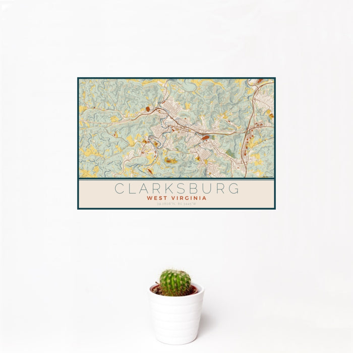 12x18 Clarksburg West Virginia Map Print Landscape Orientation in Woodblock Style With Small Cactus Plant in White Planter