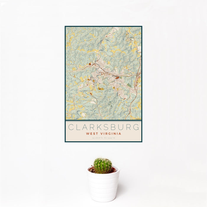 12x18 Clarksburg West Virginia Map Print Portrait Orientation in Woodblock Style With Small Cactus Plant in White Planter