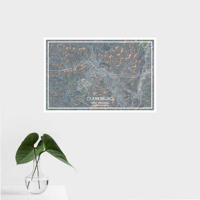 16x24 Clarksburg West Virginia Map Print Landscape Orientation in Afternoon Style With Tropical Plant Leaves in Water
