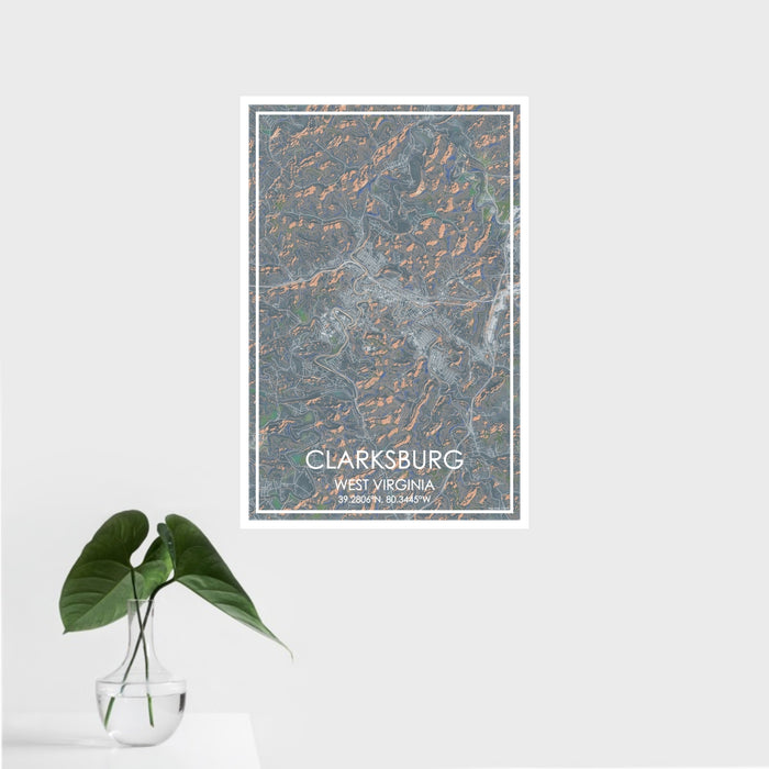 16x24 Clarksburg West Virginia Map Print Portrait Orientation in Afternoon Style With Tropical Plant Leaves in Water