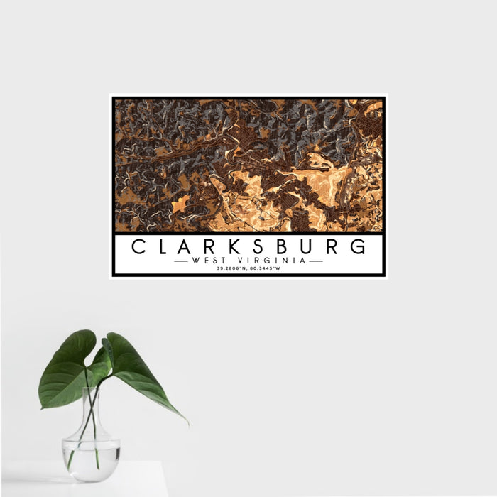 16x24 Clarksburg West Virginia Map Print Landscape Orientation in Ember Style With Tropical Plant Leaves in Water