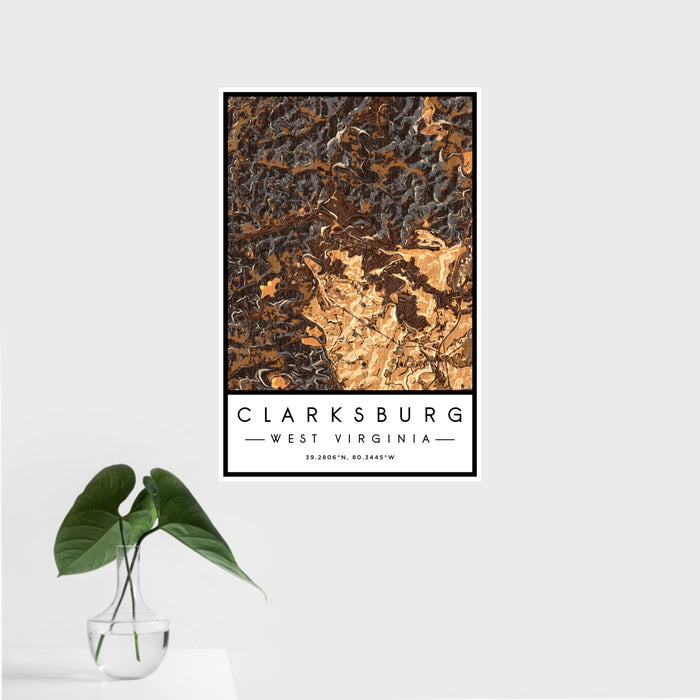 16x24 Clarksburg West Virginia Map Print Portrait Orientation in Ember Style With Tropical Plant Leaves in Water