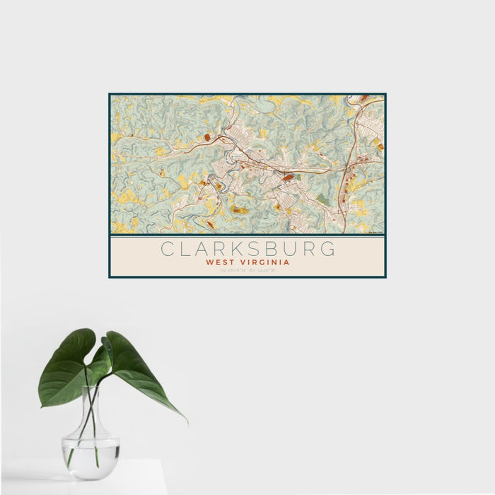 16x24 Clarksburg West Virginia Map Print Landscape Orientation in Woodblock Style With Tropical Plant Leaves in Water