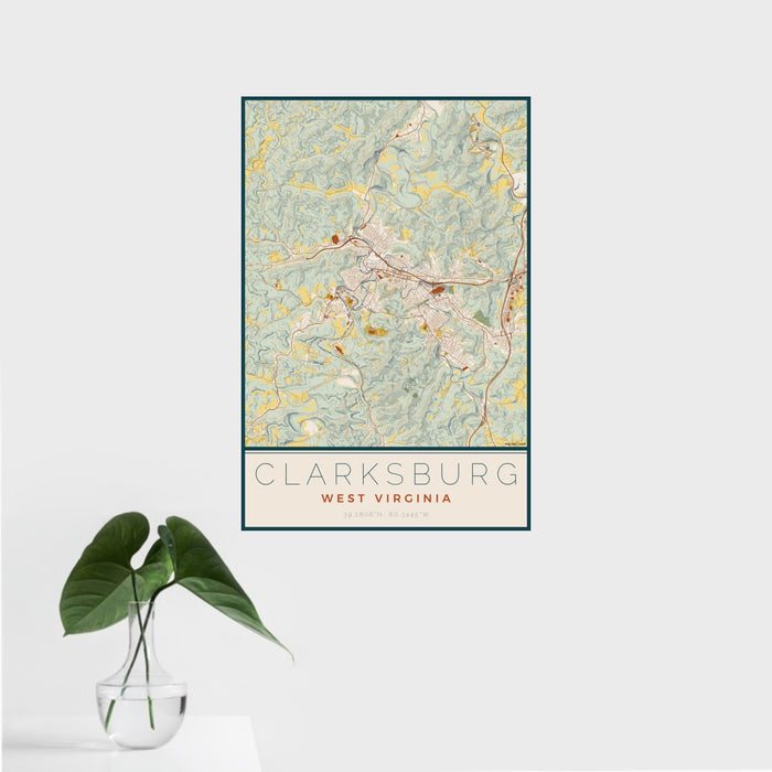 16x24 Clarksburg West Virginia Map Print Portrait Orientation in Woodblock Style With Tropical Plant Leaves in Water