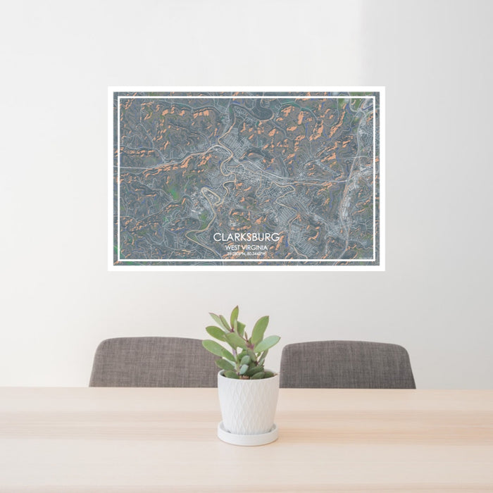 24x36 Clarksburg West Virginia Map Print Lanscape Orientation in Afternoon Style Behind 2 Chairs Table and Potted Plant