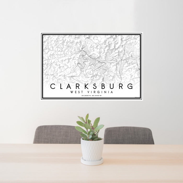 24x36 Clarksburg West Virginia Map Print Lanscape Orientation in Classic Style Behind 2 Chairs Table and Potted Plant