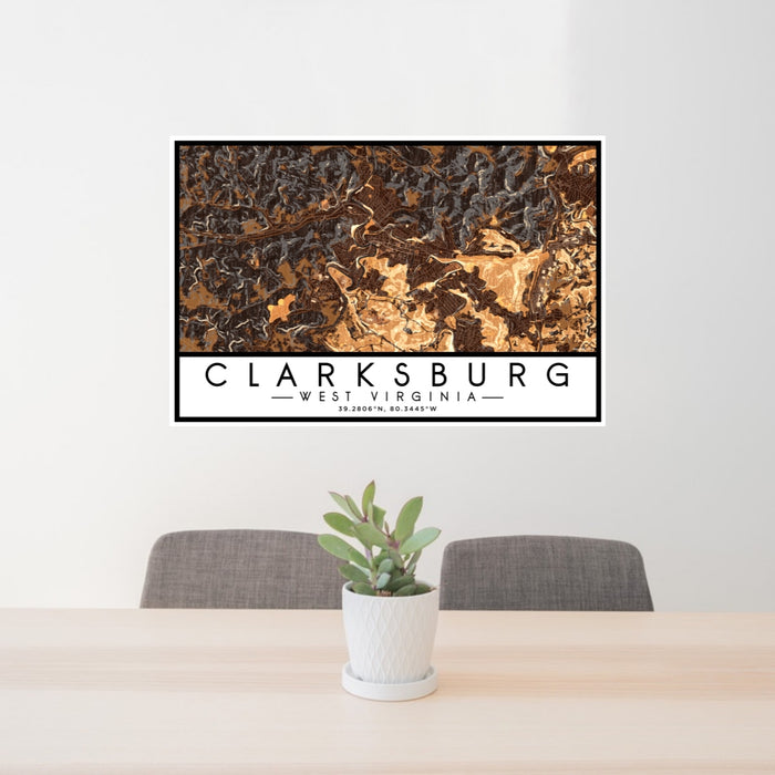 24x36 Clarksburg West Virginia Map Print Lanscape Orientation in Ember Style Behind 2 Chairs Table and Potted Plant