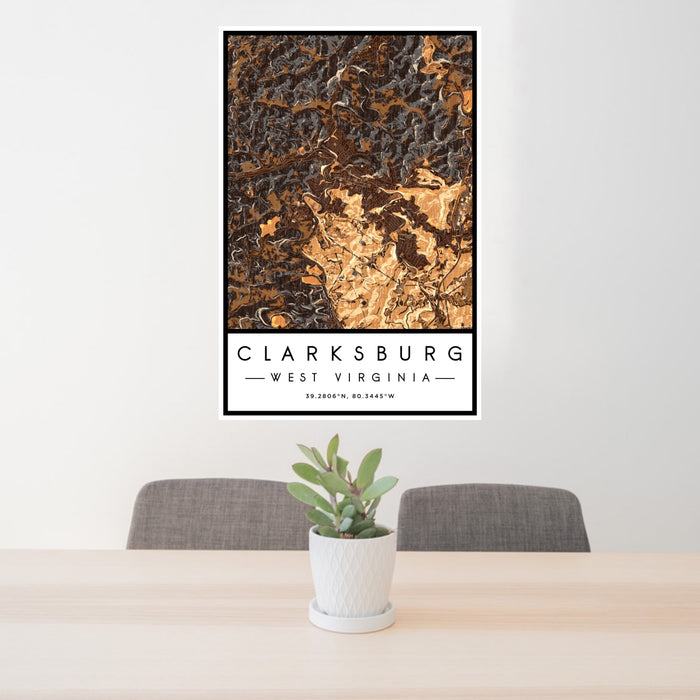 24x36 Clarksburg West Virginia Map Print Portrait Orientation in Ember Style Behind 2 Chairs Table and Potted Plant