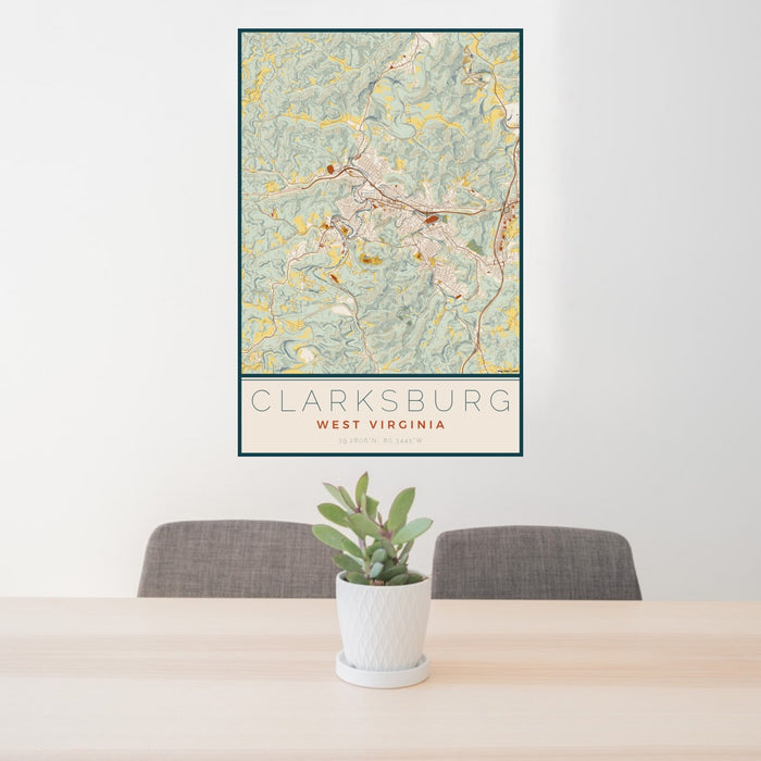 24x36 Clarksburg West Virginia Map Print Portrait Orientation in Woodblock Style Behind 2 Chairs Table and Potted Plant