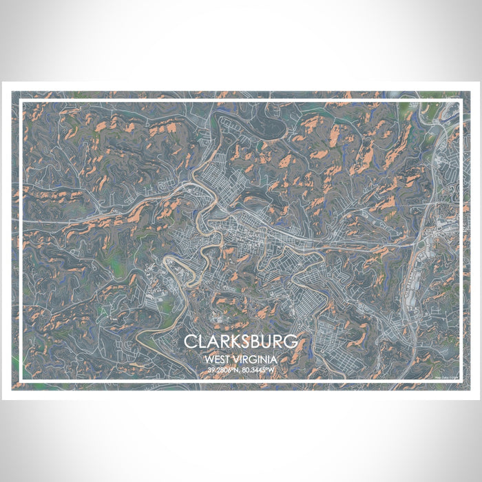 Clarksburg West Virginia Map Print Landscape Orientation in Afternoon Style With Shaded Background