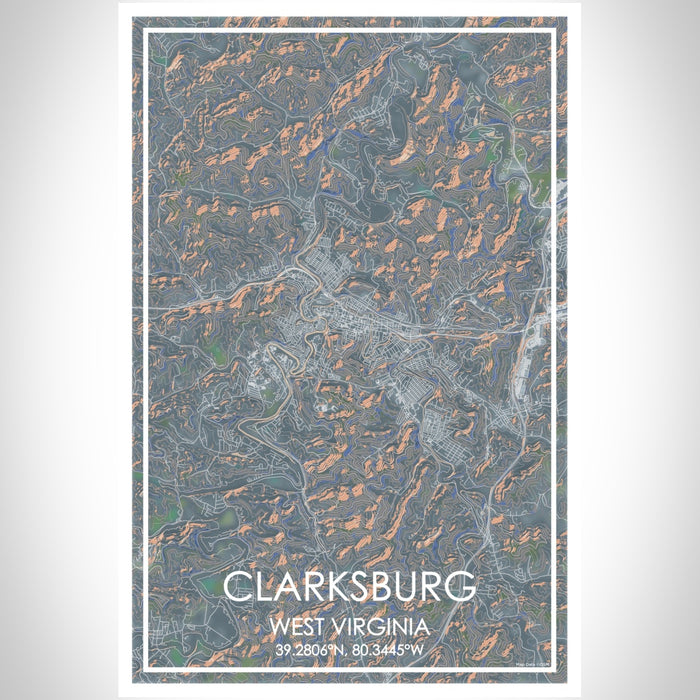 Clarksburg West Virginia Map Print Portrait Orientation in Afternoon Style With Shaded Background