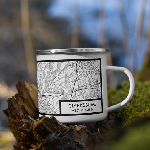 Right View Custom Clarksburg West Virginia Map Enamel Mug in Classic on Grass With Trees in Background