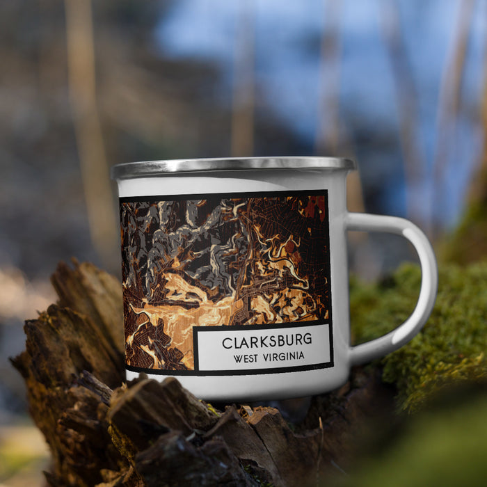 Right View Custom Clarksburg West Virginia Map Enamel Mug in Ember on Grass With Trees in Background