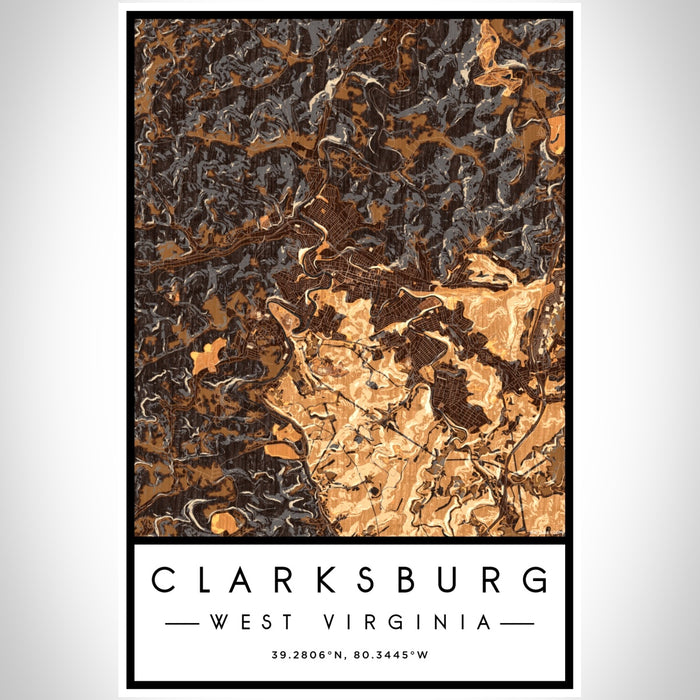 Clarksburg West Virginia Map Print Portrait Orientation in Ember Style With Shaded Background