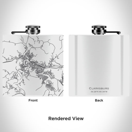 Rendered View of Clarksburg West Virginia Map Engraving on 6oz Stainless Steel Flask in White