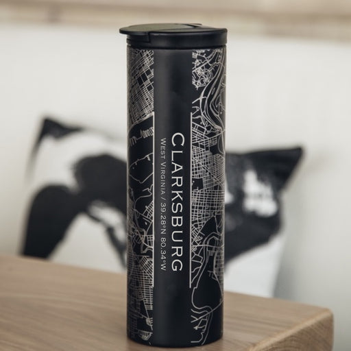 Clarksburg West Virginia Custom Engraved City Map Inscription Coordinates on 17oz Stainless Steel Insulated Tumbler in Black