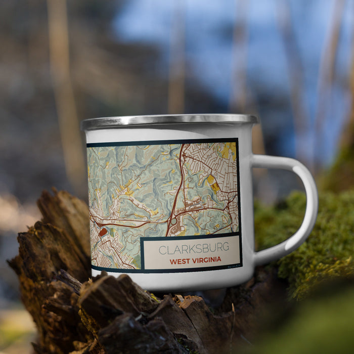 Right View Custom Clarksburg West Virginia Map Enamel Mug in Woodblock on Grass With Trees in Background