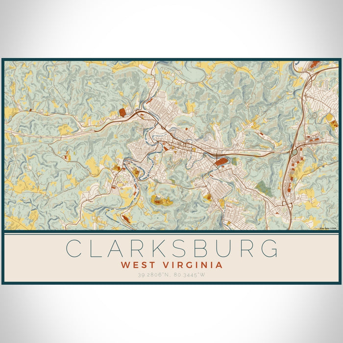 Clarksburg West Virginia Map Print Landscape Orientation in Woodblock Style With Shaded Background