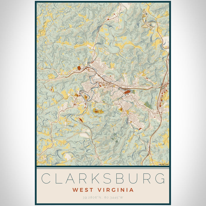 Clarksburg West Virginia Map Print Portrait Orientation in Woodblock Style With Shaded Background