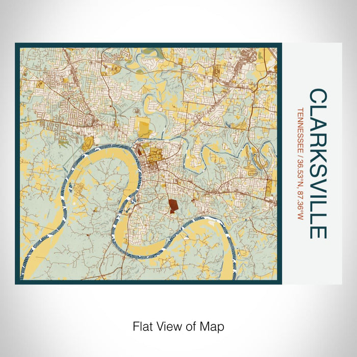 Rendered View of Clarksville Tennessee Map on 20oz Stainless Steel Insulated Bottle with Bamboo Top with printed woodblock style map